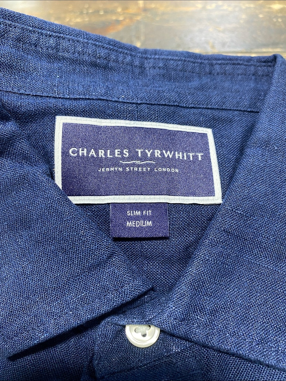 Charles Tyrwhitt Navy blue ss pure linen slim fit shirt - M - Picture 6 of 7